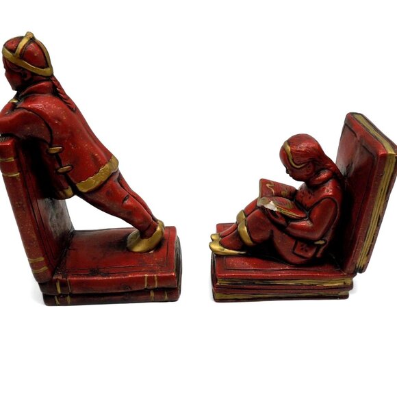 BOOKENDS Asian Boy and Girl ABBOTT Red And Gold Figurines Vintage - Picture 3 of 11